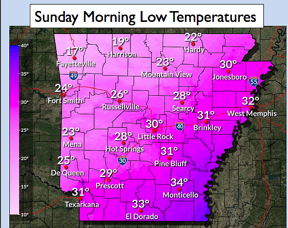 Sunday morning low temperatures, according to a Tuesday morning forecast from the National Weather Service. (Courtesy of the National Weather Service)