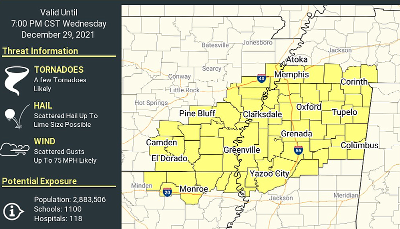 This National Weather Service graphic shows portions of Arkansas under a tornado watch until 7 p.m. Wednesday.