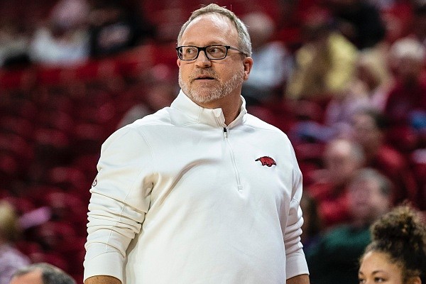 Mike Neighbors, Arkansas head women's basketball coach, on Sunday, December 12, 2021, during the 2nd half of play at Bud Walton Arena in Fayetteville.