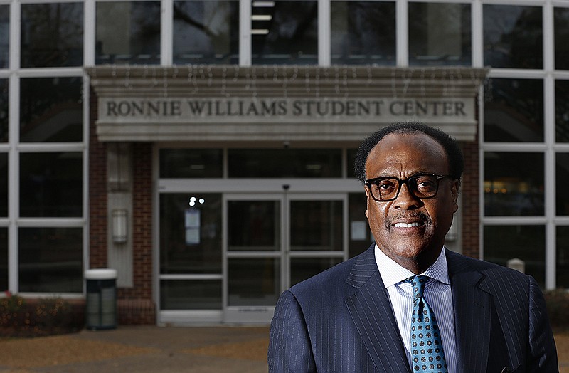 Ronnie Williams, retired vice president for Student Services and Institutional Diversity at the University of Central Arkansas, stands Dec. 15 outside the student center that was recently named after him in Conway.
(Arkansas Democrat-Gazette/Thomas Metthe)