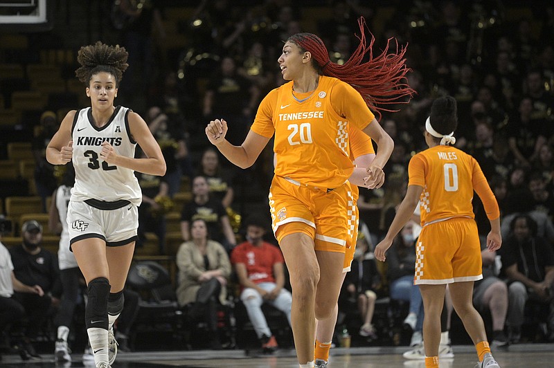 Tennessee center Tamari Key (20) reacts after scoring during the second half an NCAA college basketball game against Central Florida on Friday, Nov. 12, 2021, in Orlando, Fla. (AP Photo/Phelan M. Ebenhack)