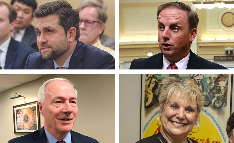 This undated combination photo shows (top row, from left) state Sen. Jonathan Dismang, R-Searcy; state House Speaker Matthew Shepherd, R-El Dorado; (bottom row, from left) Gov. Asa Hutchinson; and state Rep. Denise Garner, D-Fayetteville. (Arkansas Democrat-Gazette file photos)