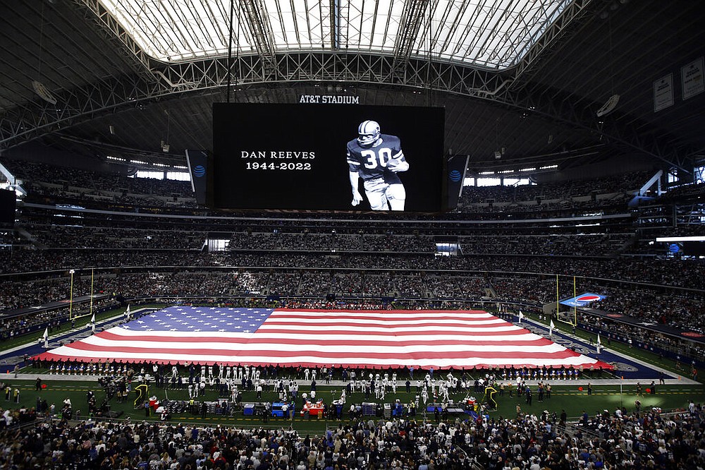 Inspire Change is shown on the playing field inside AT&T Stadium before an  NFL football game between the Arizona Cardinals and Dallas Cowboys Sunday,  Jan. 2, 2022, in Arlington, Texas. (AP Photo/Michael