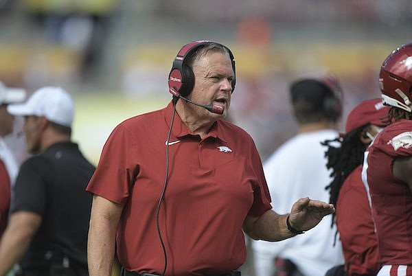Arkansas coach Sam Pittman is shown during the Razorbacks' 24-10 Outback Bowl victory over Penn State on Saturday, Jan. 1, 2022, in Tampa, Fla.