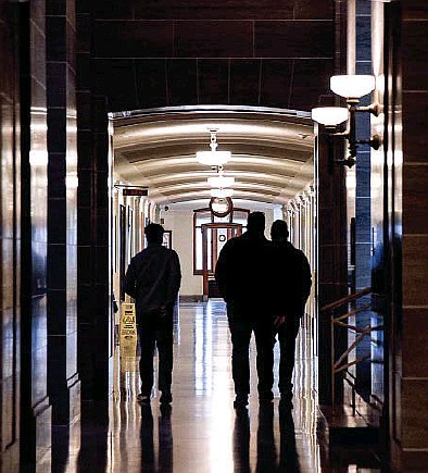 The Missouri Capitol hallways are peppered with the occasional legislator or staffer making their way from one room to another Tuesday, Jan. 4, 2022, prior to the start of the second session of the 101st General Assembly on Wednesday, Jan. 5. (Julie Smith/News Tribune photo)