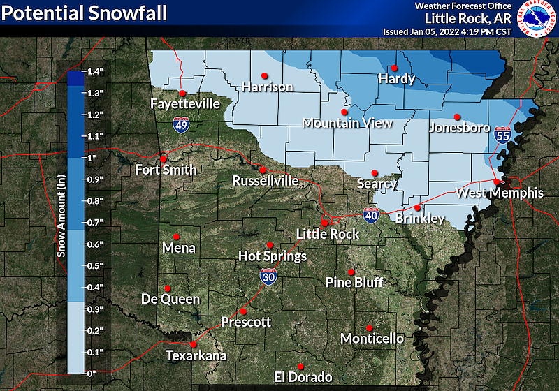 A National Weather Service map shows the potential for snowfall in Arkansas.