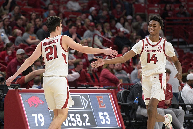 Sophomore guard Jaxson Robinson (14) transferred to Arkansas from Texas A&M after last season. He and the Razorbacks travel to College Station, Texas, to face the Aggies on Saturday.
(NWA Democrat-Gazette/Hank Layton)