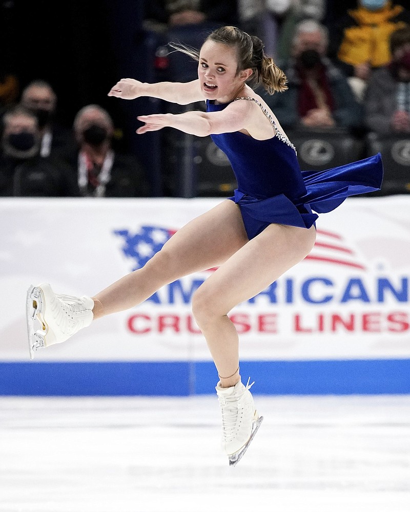 Mariah Bell skates in the ladies short program during the U.S. Figure Skating Championships on Thursday in Nashville, Tenn. Bell’s score of 75.55 points put her one point ahead of Karen Chen, the 2017 champion and 2018 Olympian, and more than four ahead of two-time national champion Alysa Liu.
(AP/The Tennessean/Andrew Nelles)