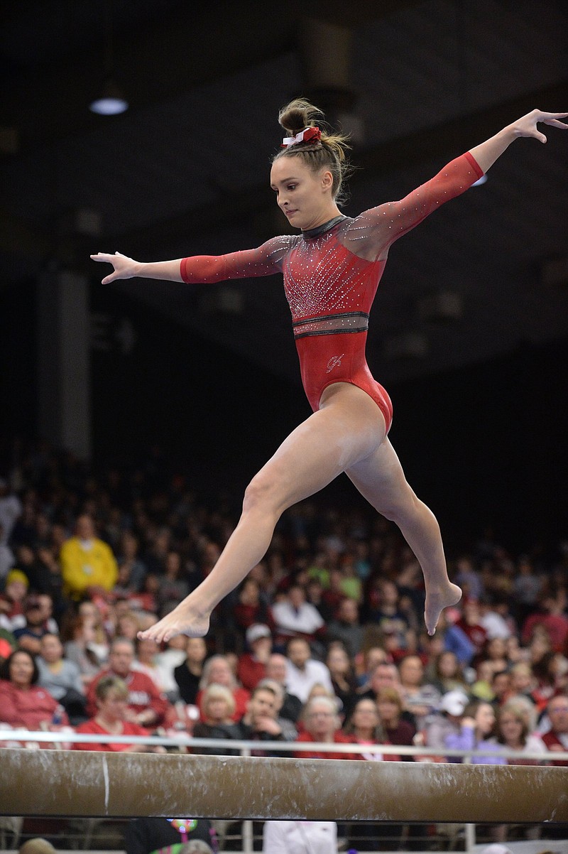 Kennedy Hambrick, an all-around All-American for Arkansas’ gymnastics team last season, is one of the Razorbacks’ top returners this season. No. 11 Arkansas opens the season against Ohio State tonight at Barnhill Arena in Fayetteville.
(NWA Democrat-Gazette/Andy Shupe)
