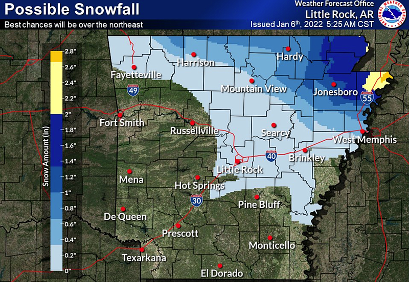 Chances of snow are possible in east and northeastern Arkansas Thursday, according to the National Weather Service. (Courtesy of the National Weather Service)