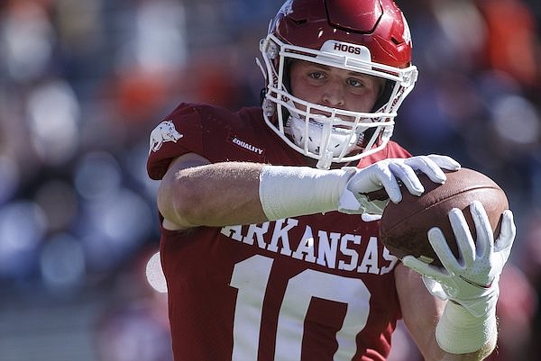 Arkansas linebacker Bumper Pool goes through warmups prior to a game against Auburn on Saturday, Oct. 16, 2021, in Fayetteville.