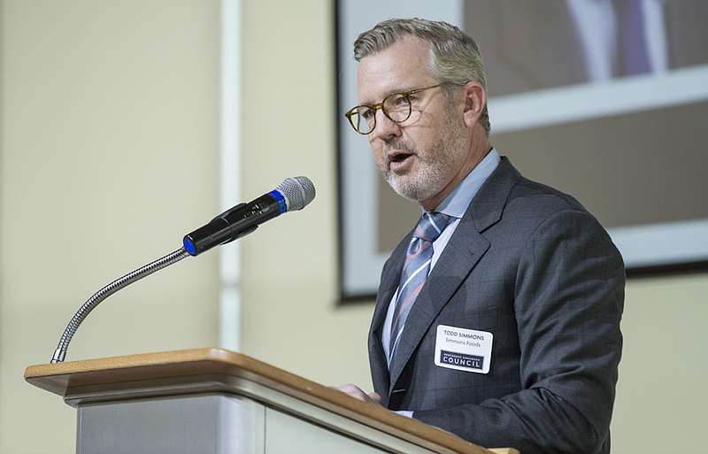 FILE — Todd Simmons, CEO of Simmons Foods, speaks during the Northwest Arkansas Council's winter meeting at Crystal Bridges Museum of Art in Bentonville in this Jan. 15, 2020 file photo. (NWA Democrat-Gazette/Ben Goff)