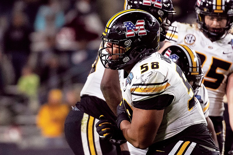 In this Dec. 22, 2021, file photo, Missouri defensive lineman Mekhi Wingo celebrates after making a tackle in the second half of the Armed Forces Bowl against Army in Fort Worth, Texas. (Associated Press)