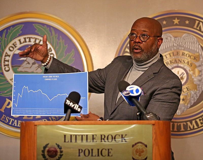 Little Rock Police Chief Keith Humphrey addresses members of the media about violent crime statistics during a press conference at the Little Rock Police Department station on Markham Street on Thursday, Dec. 30, 2021. (Arkansas Democrat-Gazette/Colin Murphey)
