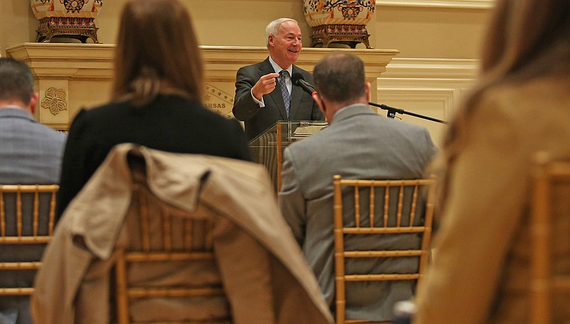 Gov. Asa Hutchinson addresses reporters during a news conference Wednesday at the Governor’s Mansion about U.S. Steel’s plan to build a new mill near Osceola.
(Arkansas Democrat-Gazette/Colin Murphey)