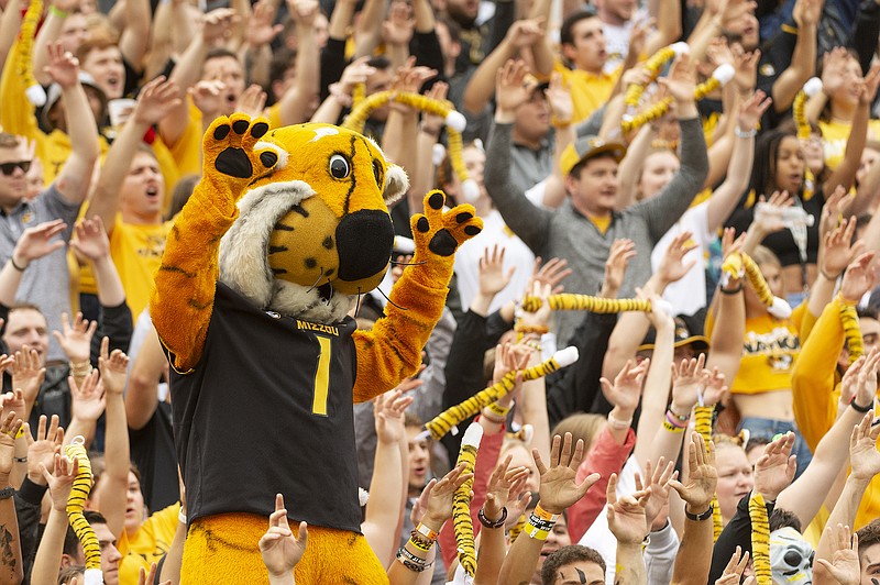 In this Sept. 21, 2019, file photo, Truman the Tiger gets the crowd going during Missouri's game against South Carolina at Faurot Field. (Associated Press)