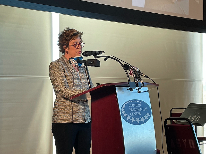 Arkansas Symphony Orchestra CEO Christina Littlejohn reveals the plans for the new Stella Boyle Smith Music Center on Wednesday, at the Clinton Presidential Center. (Arkansas Democrat-Gazette/Tommy Metthe)