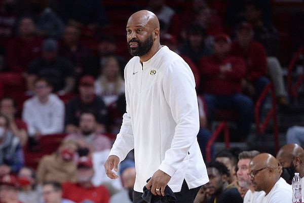 Missouri coach Cuonzo Martin directs his players Wednesday, Jan. 12, 2022, during the first half of play against Arkansas in Bud Walton Arena in Fayetteville.