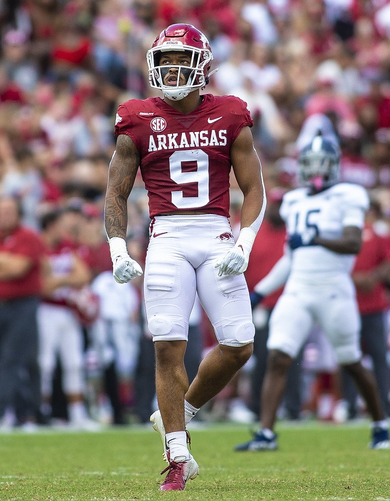 Arkansas Defensive Back Greg Brooks Jr. (9) celebrates after sack against Georgia Southern  Donald W. Reynolds Razorback Stadium, Fayetteville, AR, on Saturday, September 18, 2021.
(Special to the NWA Democrat-Gazette/David Beach)