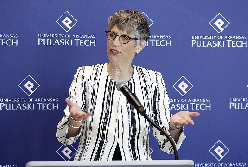 University of Arkansas-Pulaski Technical College chancellor Margaret Ellibee speaks about the school's new partnership with the North Little Rock Fire Department to enhance education and training of paramedics and EMT's during a press conference at the college in North Little Rock in this Oct. 16, 2019, file photo. (Arkansas Democrat-Gazette/Thomas Metthe)