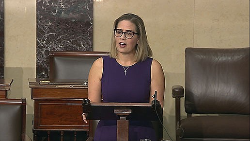 Sen. Kyrsten Sinema declares her opposition to ending the filibuster Thursday in a speech on the Senate floor, calling such action a “short-sighted” rules change to get past a Republican blockade.
(AP/Senate Television)