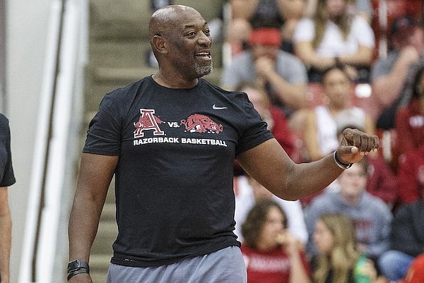 Arkansas assistant coach Keith Smart is shown during the Razorbacks' Red-White Game on Sunday, Oct. 17, 2021, at Barnhill Arena in Fayetteville.