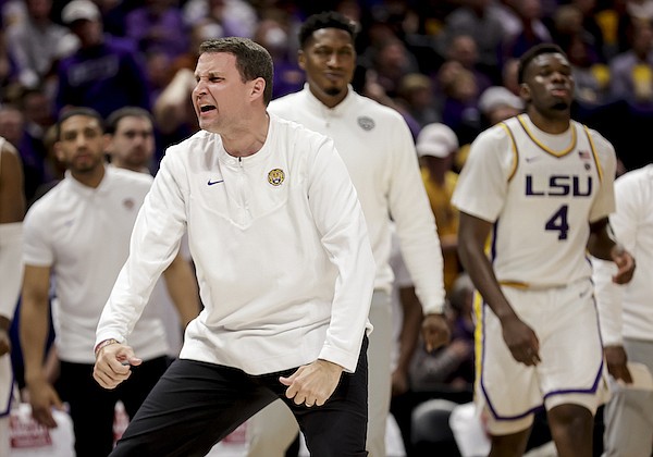 LSU head coach Will Wade reacts after Kentucky scores to end the first half of an NCAA college basketball game in Baton Rouge, La., Tuesday, Jan. 4, 2022. (AP Photo/Derick Hingle)