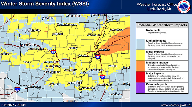 Forecasters expect large portions of Arkansas to see minor impacts from winter weather moving across the state over the weekend, according to this National Weather Service graphic.