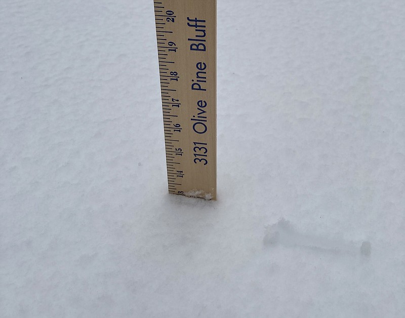 A yardstick is not standard issue from the National Weather Service for measuring snow, but that’s how one was used back in February when duty called. 
(Pine Bluff Commercial/Byron Tate)