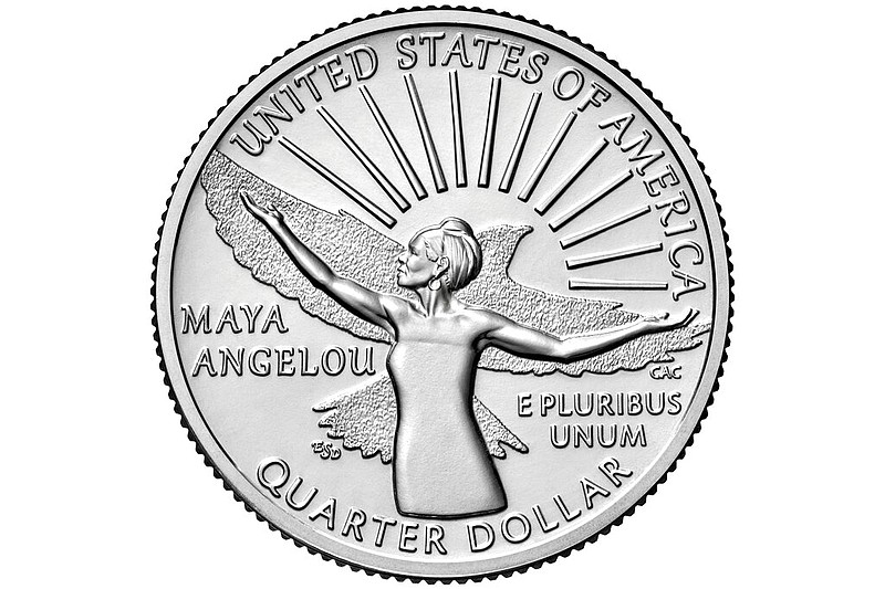 This image provided by the U.S. Mint shows the reverse of a quarter featuring the image of poet Maya Angelou, the first coin in the U.S. Mint's American Women Quarters Program. (Burwell and Burwell Photography/United States Mint via AP)