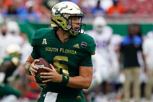South Florida quarterback Cade Fortin during the first half of an NCAA college football game against Florida Saturday, Sept. 11, 2021, in Tampa, Fla. (AP Photo/Chris O'Meara)
