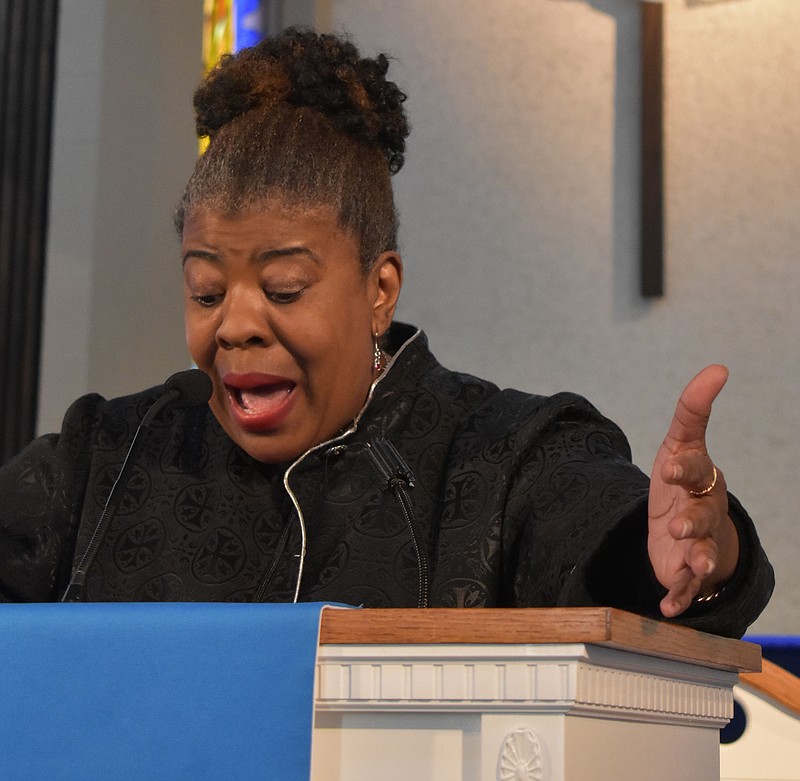 The Rev. Cassandra Gould speaks during the eighth annual Martin Luther King Jr. Remembrance Service Sunday evening, Jan. 16, 2022, at Second Baptist Church in Jefferson City. (Gerry Tritz/News Tribune photo)