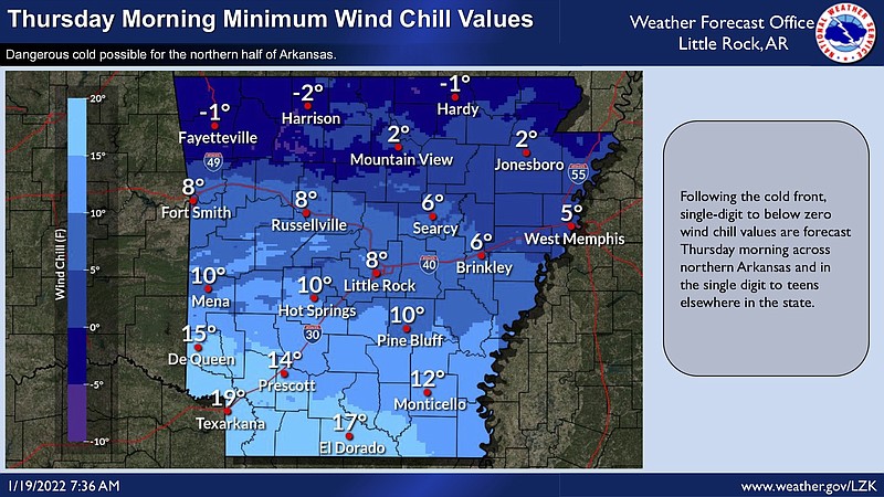 This National Weather Service graphic shows wind chill values across the state on Thursday.