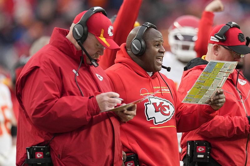 Kansas City Chiefs Coach Andy Reid (left) and offensive coordinator Eric Bieniemy lead the Chiefs against the Buffalo Bills in the AFC divisional playoffs Sunday. Bieniemy has been passed over for numerous head coaching positions the past few seasons and is a hot commodity again this offseason.
(AP/David Zalubowski)