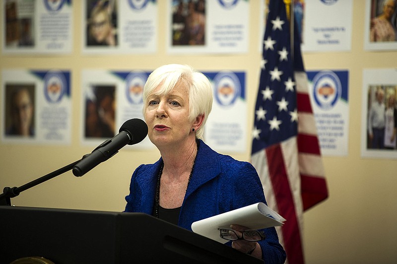 Cindy Gillespie, Arkansas Secretary of the Department of Human Services, addresses the media and members of the Department of Human Services during a press conference on the new ARHome initiative on Tuesday, June 15, 2021. See more photos at arkansasonline.com/616gov/..(Arkansas Democrat-Gazette/Stephen Swofford)