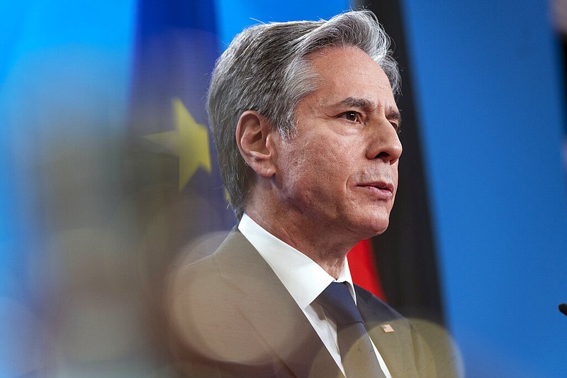 Secretary of State Antony Blinken speaks during a media availability with German Foreign Minister Annalena Baerbock, at the Ministry of Foreign Affairs, Thursday, Jan. 20, 2022, in Berlin, Germany. (AP/Alex Brandon, Pool)