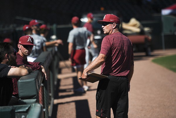 Arkansas coach Dave Van Horn is shown during practice Thursday, Sept. 23, 2021, in Fayetteville. Arkansas coach Dave Van Horn is shown during practice Thursday, Sept. 23, 2021, in Fayetteville.