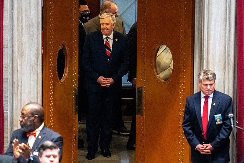 Missouri Gov. Mike Parson awaits his introduction in the state House of Representatives' antechamber ahead of his annual State of the State Address on Wednesday, Jan. 19, 2022. (News Tribune photo)