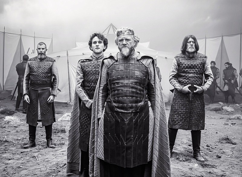 Lord Banquo, the Thane of Lochaber, (Bertie Carvel), Crown Prince Malcolm (Harry Melling) and King Duncan (Brendan Gleeson) await the arrival of the conquering hero and new Thane of Cawdor in Joel Coen’s “The Tragedy of Macbeth.”