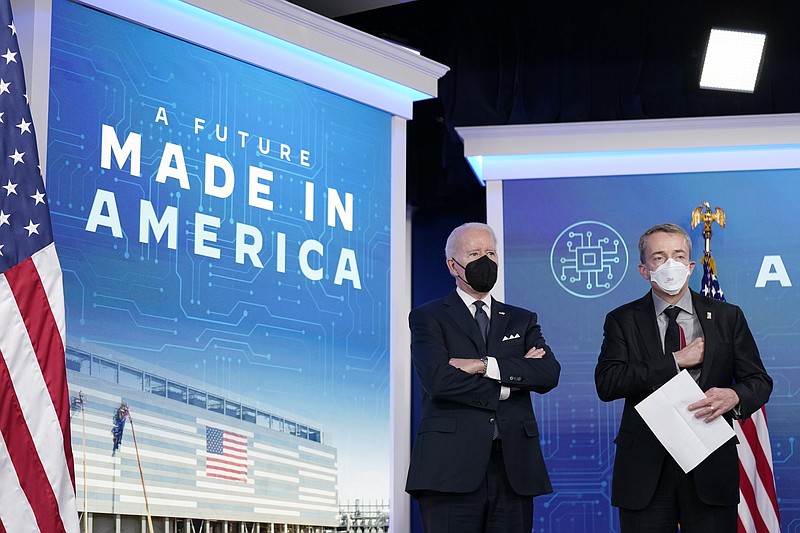 President Joe Biden stands Friday with Patrick Gelsinger, chief executive officer of Intel, at a Washington, D.C., news conference as they announce a new $20 billion Intel complex to be built in Ohio.
(AP/Andrew Harnik)