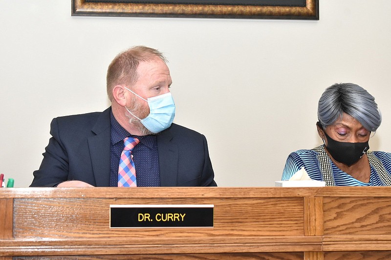 Watson Chapel Superintendent Andrew Curry, shown with School Board President Sandra Boone during a Jan. 10 board meeting, shared his thoughts on education during a community engagement meeting Friday. 
(Pine Bluff Commercial/I.C. Murrell)