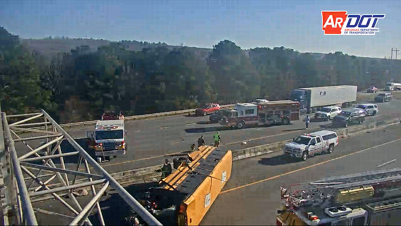 A school bus crash in Little Rock Friday afternoon is shown in an image from an Arkansas Department of Transportation traffic camera.