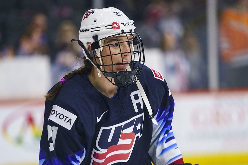 Hilary Knight prepares for a hockey game against Canada on Oct. 22 in Allentown, Pa. The 32-year-old will make her U.S. women’s hockey record-tying fourth Olympic appearance at the Beijing Games in February.
(AP/Chris Szagola)