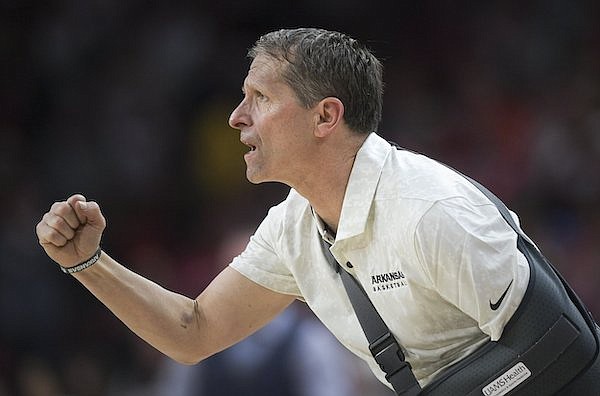 Arkansas coach Eric Musselman is shown during a game against Texas A&M on Saturday, Jan. 22, 2022, in Fayetteville.