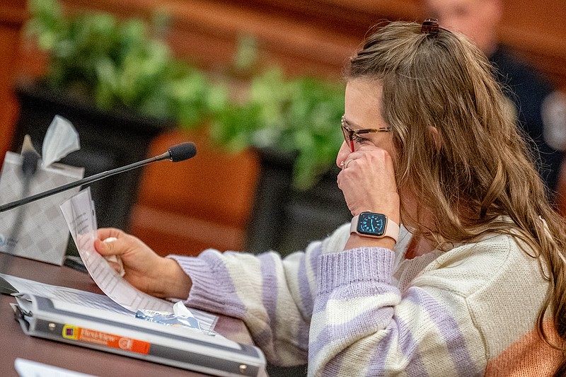 Rose Ridnour wipes away a tear as she speaks in favor of state Sen. Mike Bernskoetter’s bill on Tuesday, Jan. 18, 2022, at the Missouri State Capitol in Jefferson City, Mo. (Ethan Weston/News Tribune photo)