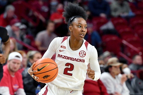 Arkansas guard Samara Spencer (2) against South Carolina during the first half of an NCAA college basketball game Sunday, Jan. 16, 2022, in Fayetteville, Ark. (AP Photo/Michael Woods)