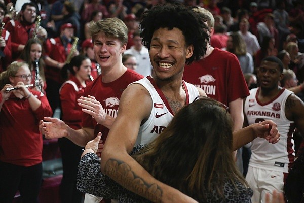 Arkansas forward Jaylin Williams (10) reacts, Saturday, January 22, 2022 during the second half of a basketball game at Walton Arena in Fayetteville. Check out nwaonline.com/220123Daily/ for the photo gallery.