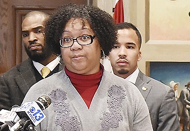 In this file photo, Barbara Washington, now a state senator from Kansas City, takes to the podium Monday, Feb. 11, 2019, during a news conference at the Missouri Capitol.