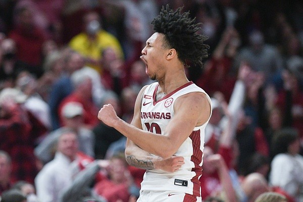 Arkansas forward Jaylin Williams reacts after scoring a three, Saturday, January 22, 2022 during the second half of a basketball game at Walton Arena in Fayetteville. Check out nwaonline.com/220123Daily/ for the photo gallery.