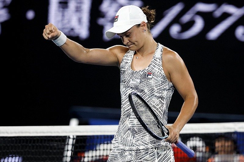 Ash Barty reacts after defeating Madison Keys in their semifinal match at the Australian Open in Melbourne. Barty is the first Australian woman to advance to an Australian Open final since Wendy Turnbull in 1980. “As an Aussie, we’re exceptionally spoiled we get to play in our own backyard,” Barty said. “Now we have a chance to play for a title. It’s unreal.”
(AP/Hamish Blair)